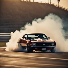 Classic Chevrolet Camaro doing a burnout on an empty racetrack, with billowing smoke and tire marks