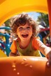 A child happily playing with friends in a colorful playground in a sunny day. Generative AI