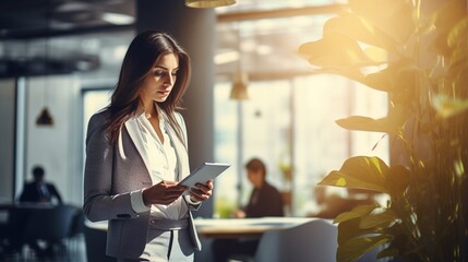 Canvas Print - Woman is typing on her tablets to communicate, chat, and connect. Smile, internet, and office employee reading a message, email, or text on a mobile app