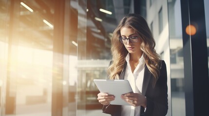 Canvas Print - Woman is typing on her tablets to communicate, chat, and connect. Smile, internet, and office employee reading a message, email, or text on a mobile app