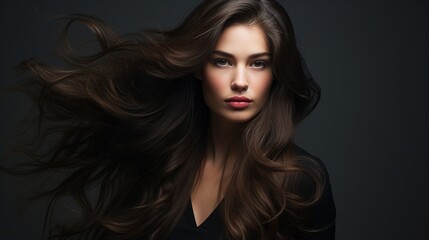 Wall Mural - portrait of a brunette woman with long hair and glamorous makeup in a studio setting