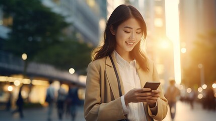 smiling young Asian woman using on the phone in the street. generative ai