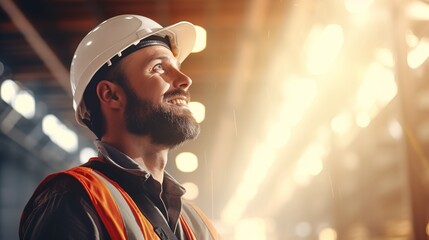 Wall Mural - Professional Heavy Industry Engineer Worker at Steel Factory Wearing Uniform, Glasses, and Hard Hat. American Industrial Specialist Smilingly Standing in Metal Construction Manufacture. generative ai