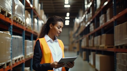 Wall Mural - Portrait of a woman warehouse worker in warehouse storage. A worker in a factory holding a computer tablet stands amid a stack of cardboard boxes. generative ai