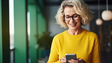 Poster - portrait of a business woman with a mobile phone. generative ai