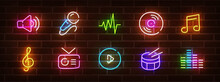 Music Neon Sign, Bright Signboard, Light Banner. Music Logo Neon, Emblem. Vector Illustration