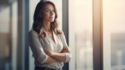 businesswoman looking out window. generative ai