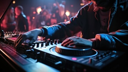 Fototapete - DJ are working with sound, spinning turntable records at a night club party.