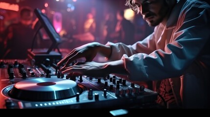 Fototapete - Disc jockey at the turntable, DJ at nightclub during party.