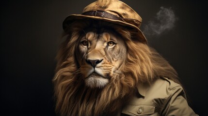 Wall Mural - a sophisticated image of a suave lion, sporting a cap and smoking a pipe, framed against a pristine silver background.