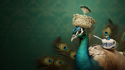 Wall Mural - an image of a trendy peacock sporting a cap and holding a smoking pipe against a chic pearl background.