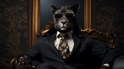 Wall Mural - Construct a debonair panther with sophisticated specs, striking a pose on a luxurious ebony backdrop.