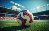 Fototapeta Sport - Soccer ball on green grass in soccer stadium. Generative AI