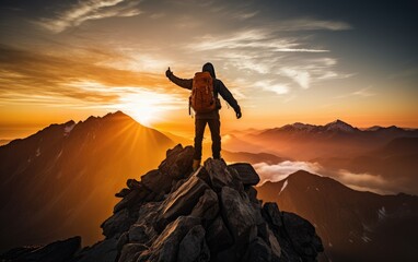 Wall Mural - Hiker on a peak at sunrise. Generative AI