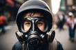 a little boy wearing a gas mask in bustling metropolitan city
