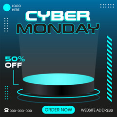 Sticker - Cyber monday neon glow 3d podium display vector illustration template