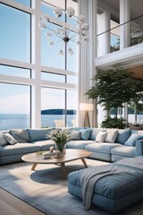 Wall Mural - Luxury coastal style home interior design of modern living room in seaside house. Generative AI