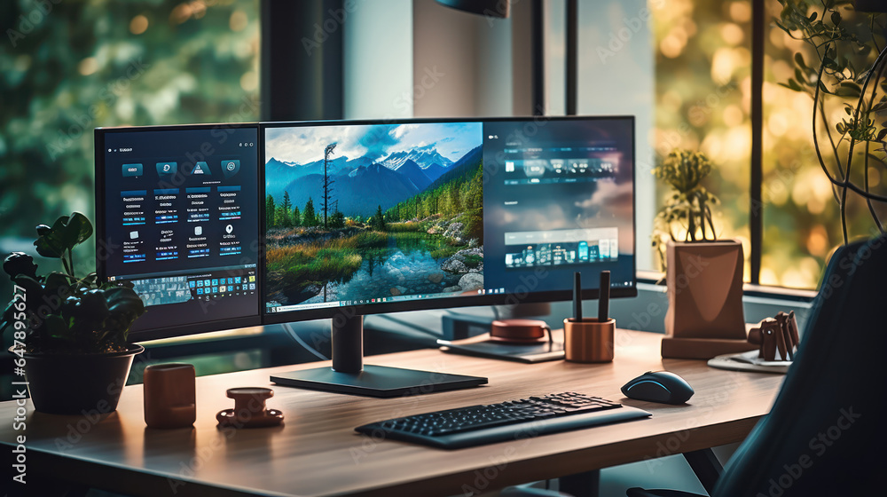 Work Set Up Home office setup featuring an ergonomic chair, dual monitors, and ...