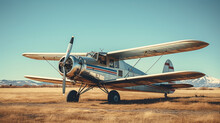 Vintage Airplane Parked On A Grassy Airfield, Set Against A Backdrop Of Clear Skies