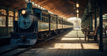Vintage Train Station Featuring An Antique Steam Engine And Classic Wooden Benches