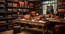 Craftsman Table Filled With Handcrafted Leather Goods Like Wallets, Belts, And Bags