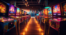 Row Of Classic Pinball Machines In An Arcade, Featuring Vintage Designs And Colorful Lights