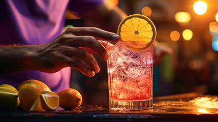 Bartender hand garnishing a tropical cocktail with a slice of lime