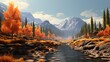 Elegant cedar trees line the river, their dark foliage contrasting beautifully with the amber leaves blanketing the ground, with a distant mountain range completing the enchanting vista.