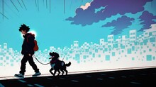 Black White Blue Red Colors Walking Dog Silhouette Listening Music Style Lofi Animation Seamless Loop. Created Using Generative AI Technology