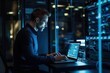 © Stavros - A young Caucasian man with a tablet computer stands in the middle of a server room. Collection and storage of large amounts of data. Checks the operation of servers and automation.