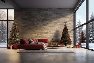 Interior view modern living room, with high ceiling and stone tile wall and minimal furniture decorated with Christmas ornaments and outdoor forest in winter season. Generative AI.