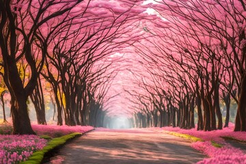 Wall Mural - Beautiful blooming pink flower fall on ground Romantic tree tunnel in the morning