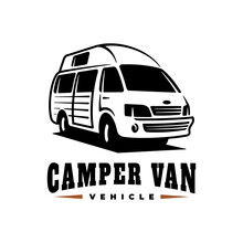 RV Recreational Vehicle Badge Design. Camper Van Motorhome Vector Emblem
