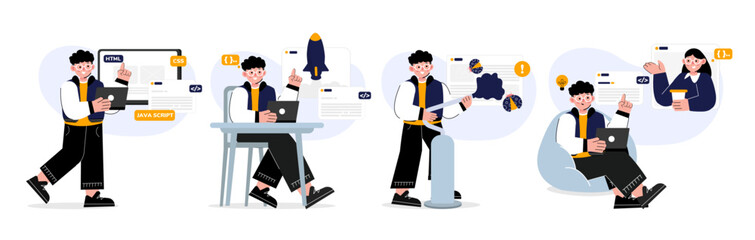 Web development concept illustration set Collection of characters man developer working on laptop, web development startup, web developer solving bug and online meeting. Vector Illustration