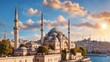 Suleymaniye mosque in Sultanahmet district old town of Istanbul, Turkey, Sunset in Istanbul, Turkey with Suleiman Mosque, Beautiful sunny view of Istanbul with old mosque in Istanbul, Turkey.