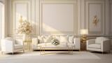 Fototapeta  - Luxury light interior of living room with gold wall and chic expensive furniture in white and gold colors 8k,