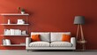 Modern claret red wall detail with white background, grey sofa and pillow, white bookshelf middle table and orange lamp style, frame and chair decor. 8k,