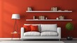 Modern claret red wall detail with white background, grey sofa and pillow, white bookshelf middle table and orange lamp style, frame and chair decor. 8k,