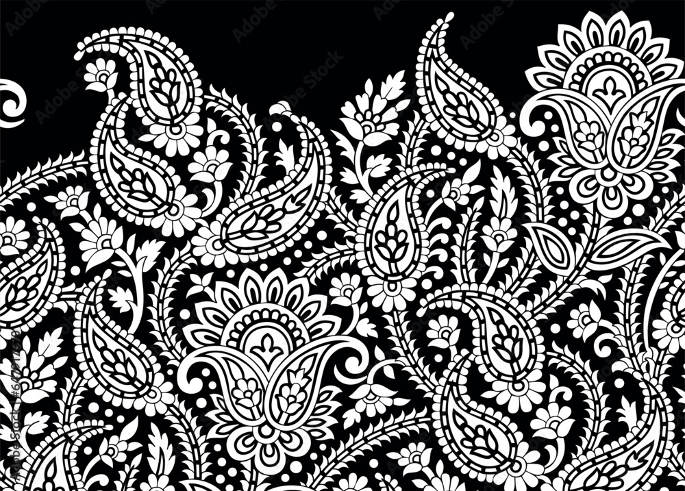 Seamless black and white paisley border design Stock Vector | Adobe Stock