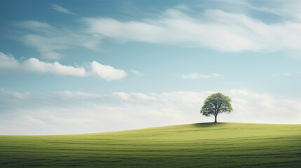 Poster - Isolated tree on a green hill and a cloudy sky