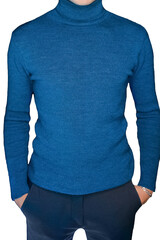 Wall Mural - Skinny guy in blue turtleneck men's style of clothing with hands in his pocket posing in the white isolated background