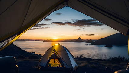 Wall Mural - camping tent high in the mountains at sunset