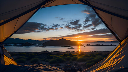 Wall Mural - camping tent high in the mountains at sunset