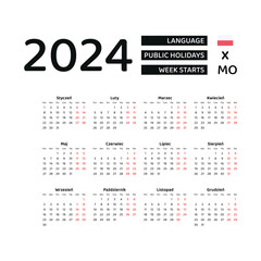 Wall Mural - Calendar 2024 Polish language with Poland public holidays. Week starts from Monday. Graphic design vector illustration.