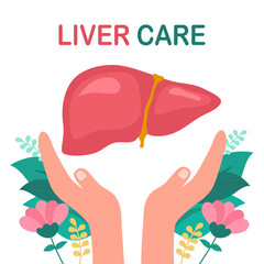 Liver disease, diagnosis and treatment concept vector illustration. Human hands holding liver organ with flowers in flat design on white background.