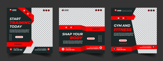 Wall Mural - Gym, fitness, and sports social media post template design set. Usable for social media, banner, and website.