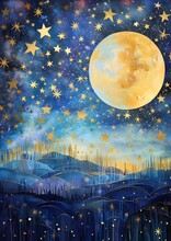 Full Moon Stars Sky Dawn Exquisite Imaginative Blue Gold Palette Transcending Higher Plane Layered Paper Romanticism Dreamscape Nights Long