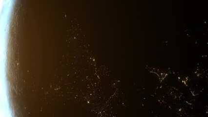Poster - A cinematic rendering of planet Earth during sunrise as view from space with vibrant blue sky atmosphere