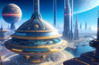 Journey to a bustling cosmic metropolis, a vibrant interplanetary hub teeming with life. Towering skyscrapers, busy transport vessels, and inhabitants engaged in imaginative settlement.