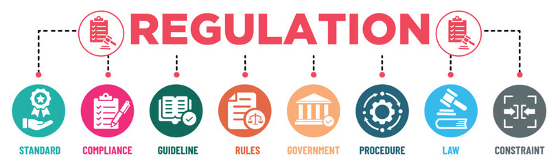 Regulation banner infographic rounded background colours with icons set. Standard, compliance, guideline, rules, government, procedure, law and constraint. Vector illustration